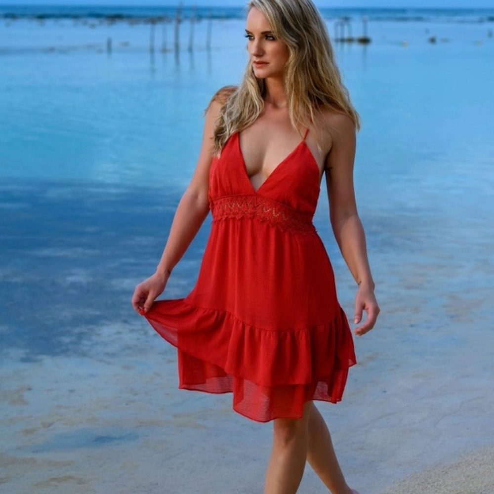 Rustic red crochet ruffled dress